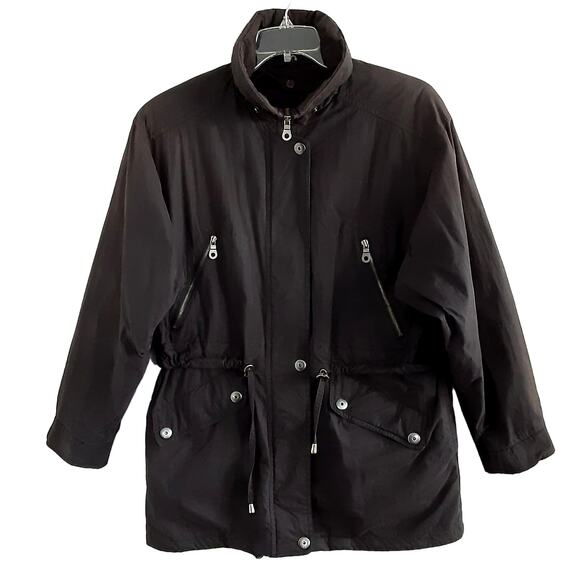London Fog Black Sueded Utility Jacket Funnel Neck Windbreaker Raincoat Womens M - Picture 1 of 13
